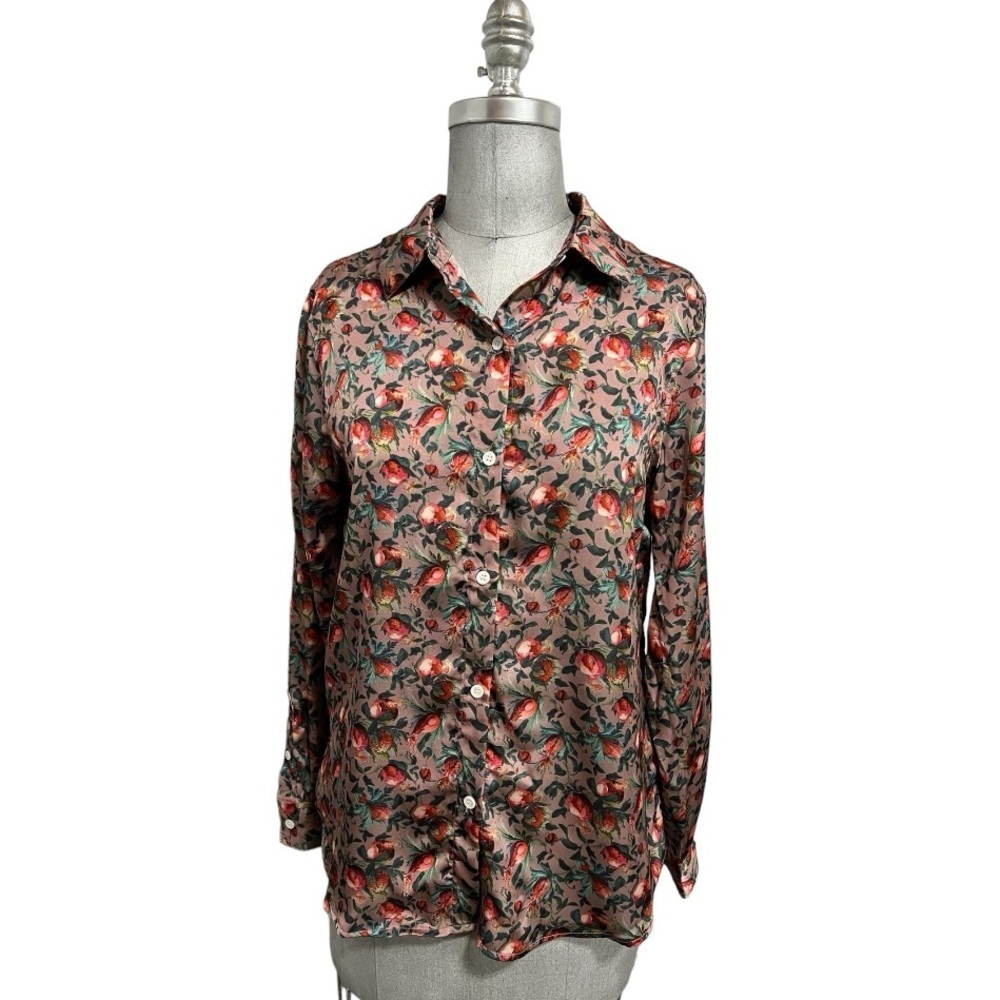Elie Tahari Long Sleeve Floral Pomegranate Button Down Blouse Elegant Size M